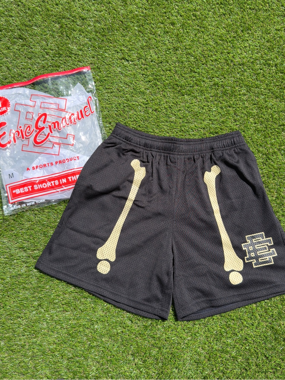 Eric Emanuel Black Shorts with Gold Bone Graphics